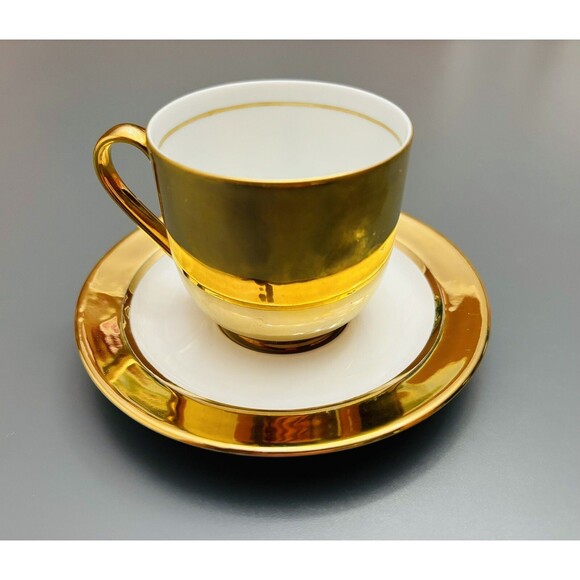 Vintage Arzberg Tea Cup Bavaria Germany Small Size Topographical Gold + Saucer - Picture 3 of 9